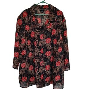 Maggie Barnes Womens 34W Black Red Floral Paisley Sheer Button Up Blouse Top